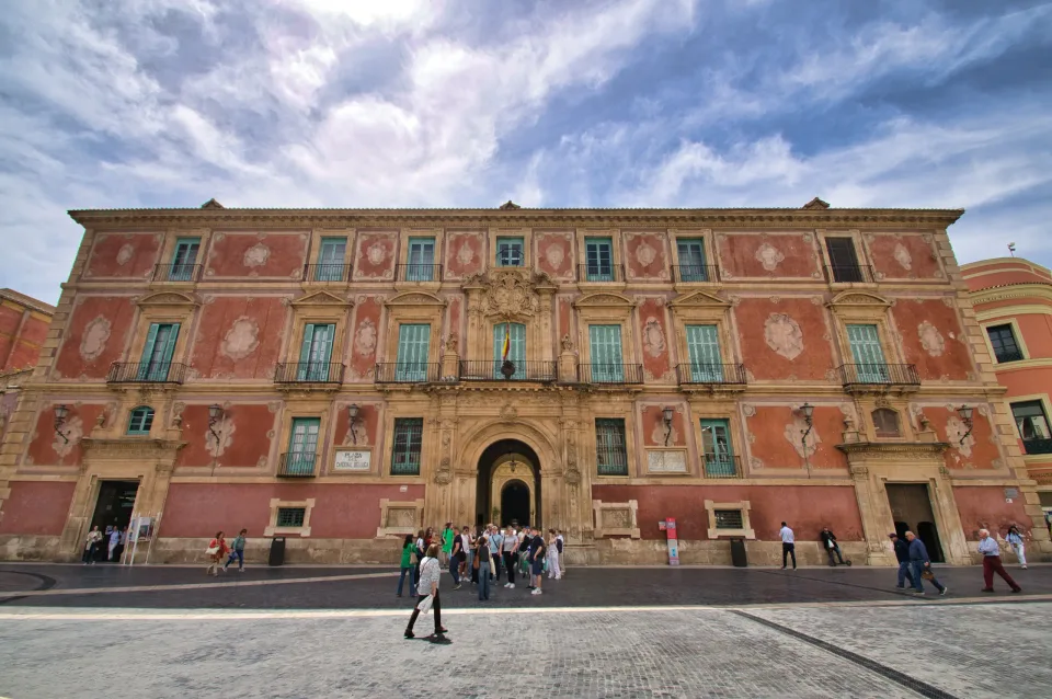Colourful facade of the Bishop’s Palace in Murcia