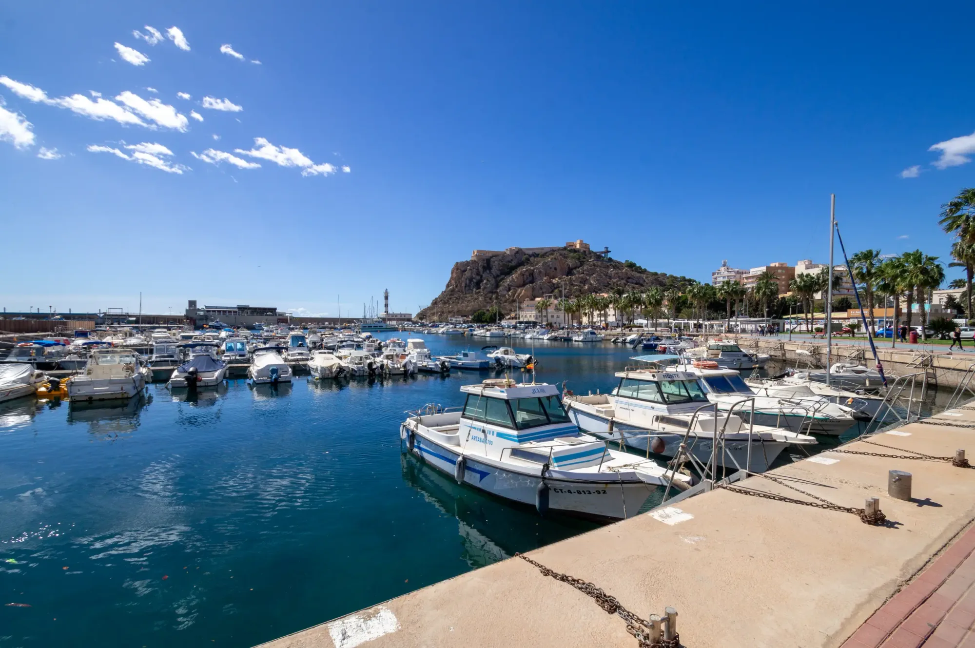 Puerto deportivo de Águilas con la colina del castillo al fondo