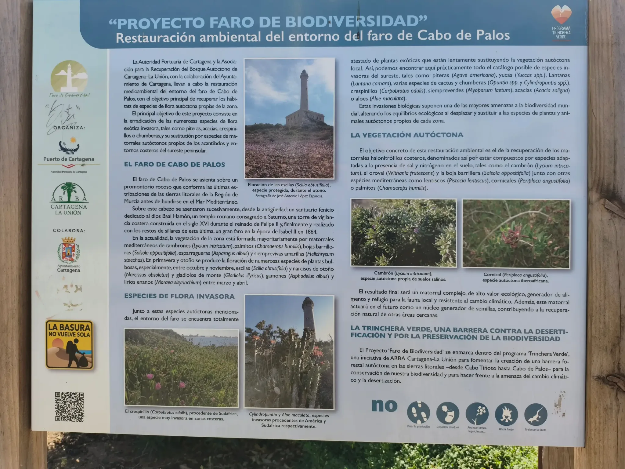 Panneau d'information sur la restauration de la biodiversité autour du phare de Cabo de Palos