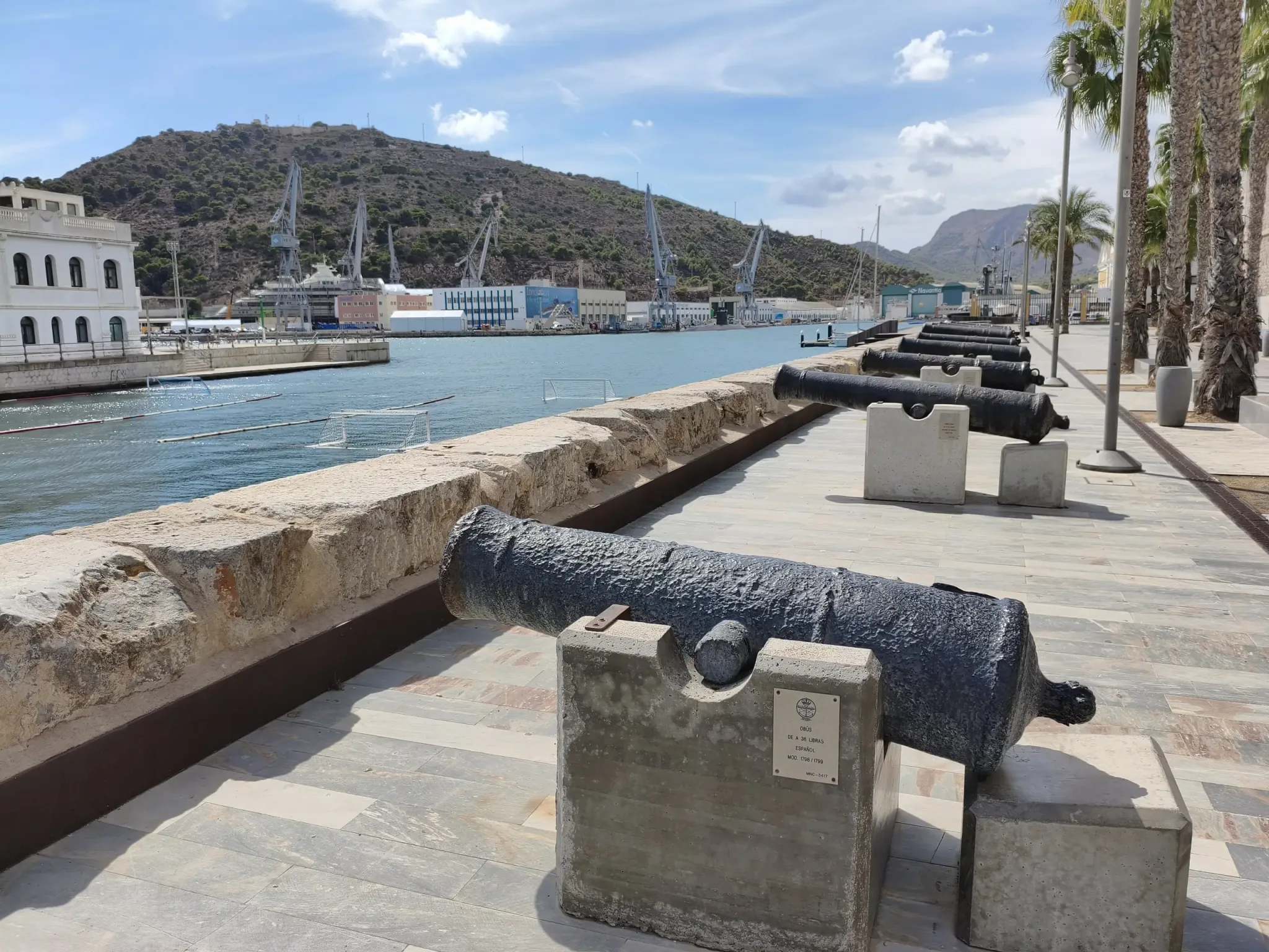 Historic cannons displayed along Cartagena's harbour promenade