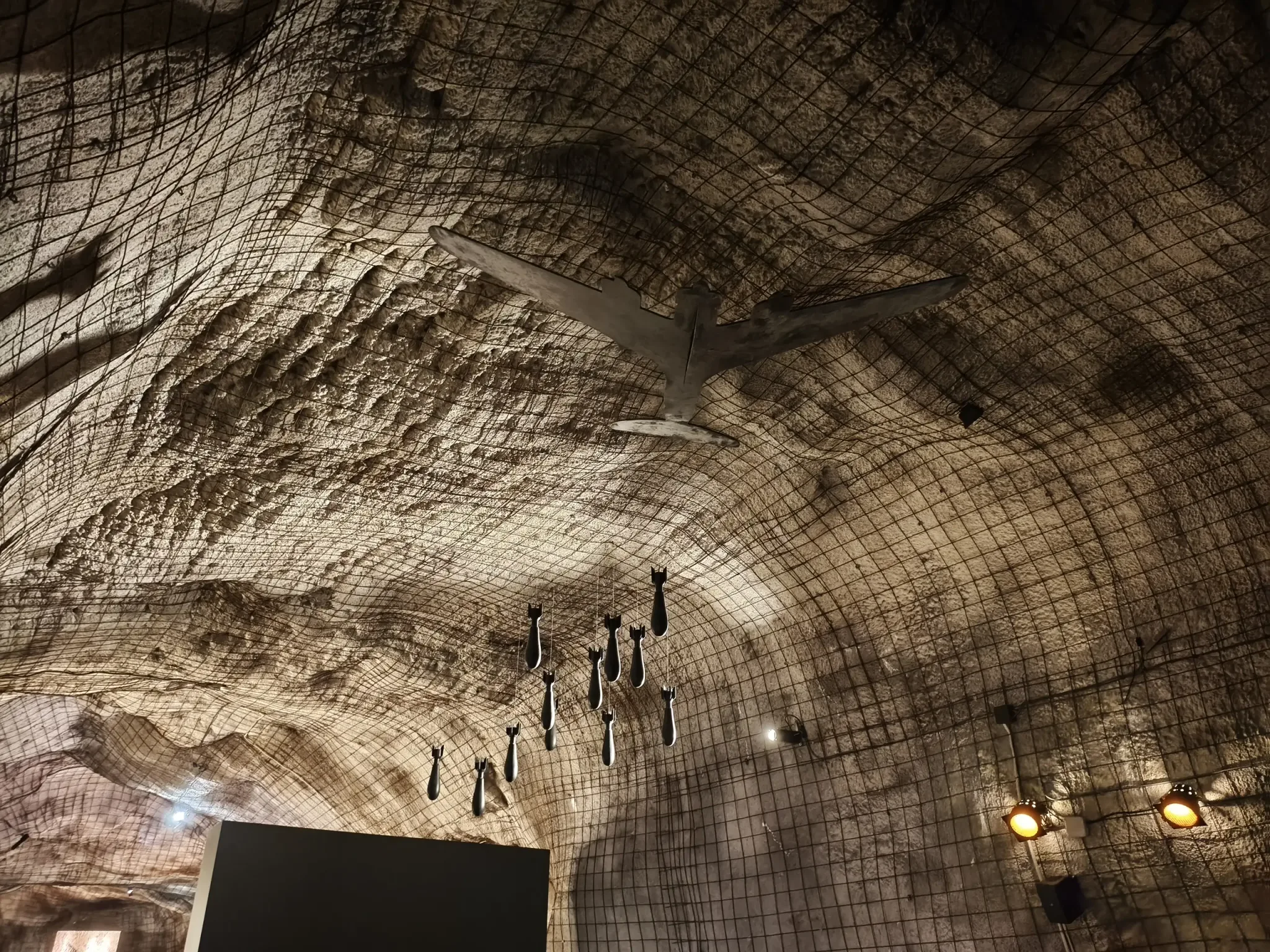 Curved shelter ceiling reinforced with metal mesh