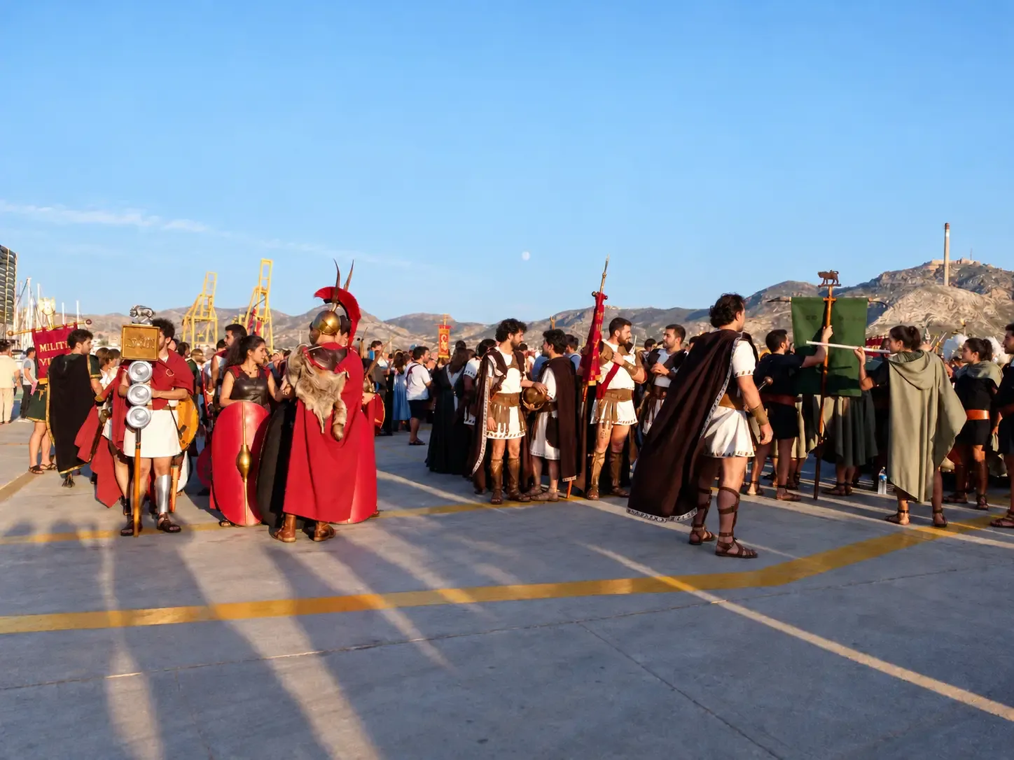 Costumed festival participants carrying shields and standards beside Cartagena harbour