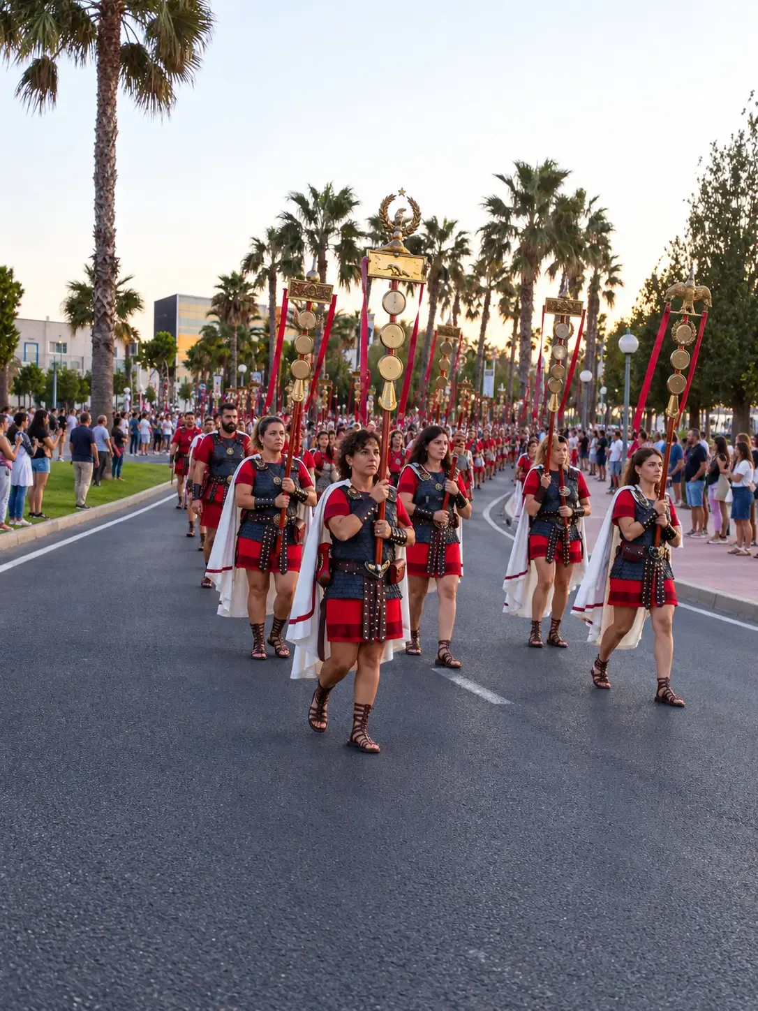Roman standard-bearers marching along a palm-lined street watched by spectators
