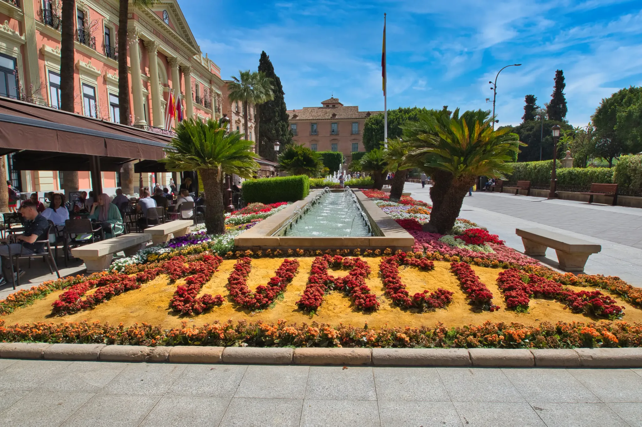 Flower display spelling Murcia in the Glorieta de España