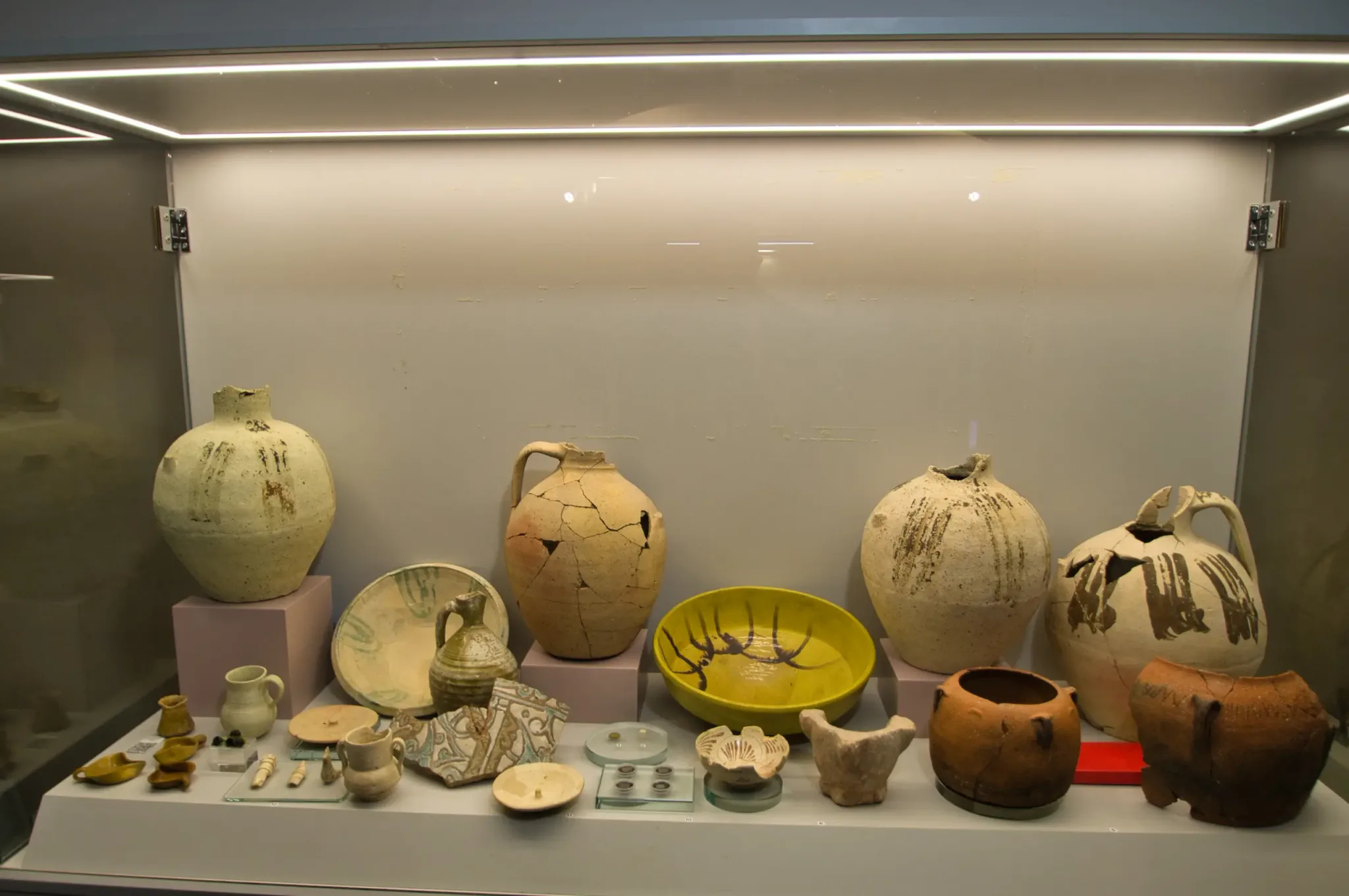 Large historic ceramic jars, bowls and decorated fragments in an exhibition case