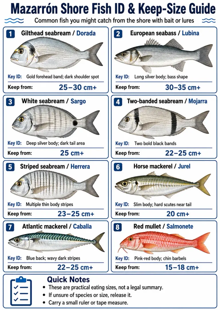 Illustrated Mazarrón shore fish identification chart showing dorada, lubina, sargo, mojarra, herrera, horse mackerel, Atlantic mackerel and red mullet