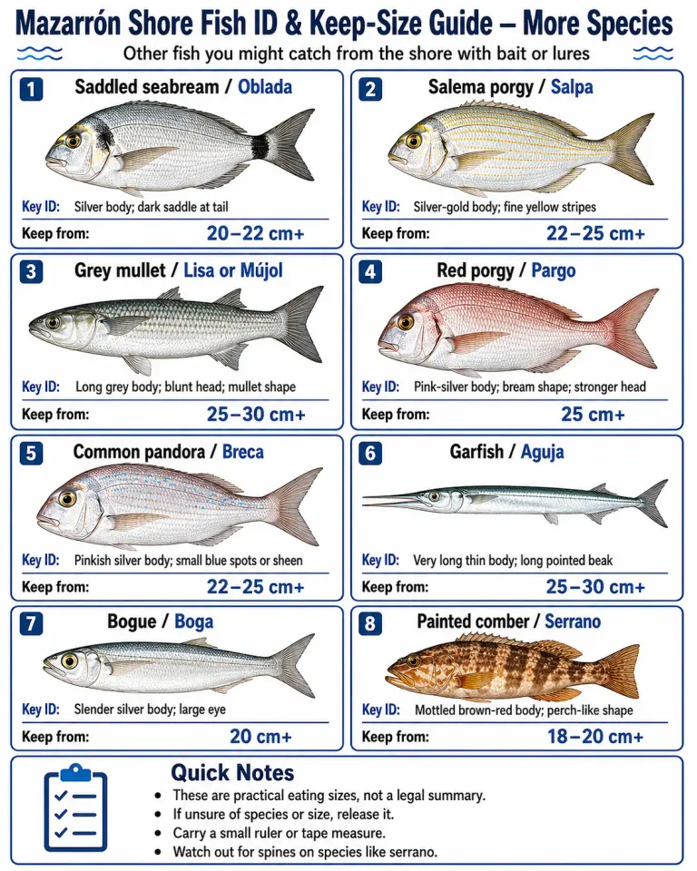 Illustrated Mazarrón shore fish identification chart showing saddled seabream, salema porgy, grey mullet, red porgy, common pandora, garfish, bogue and painted comber