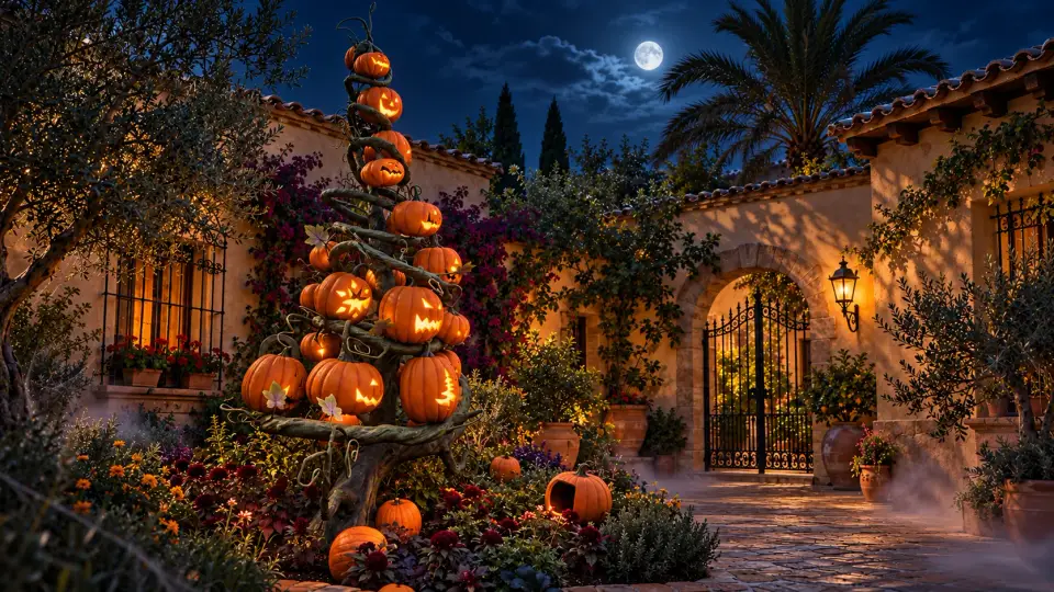 Halloween illustration of glowing carved pumpkins in a moonlit Spanish-style courtyard
