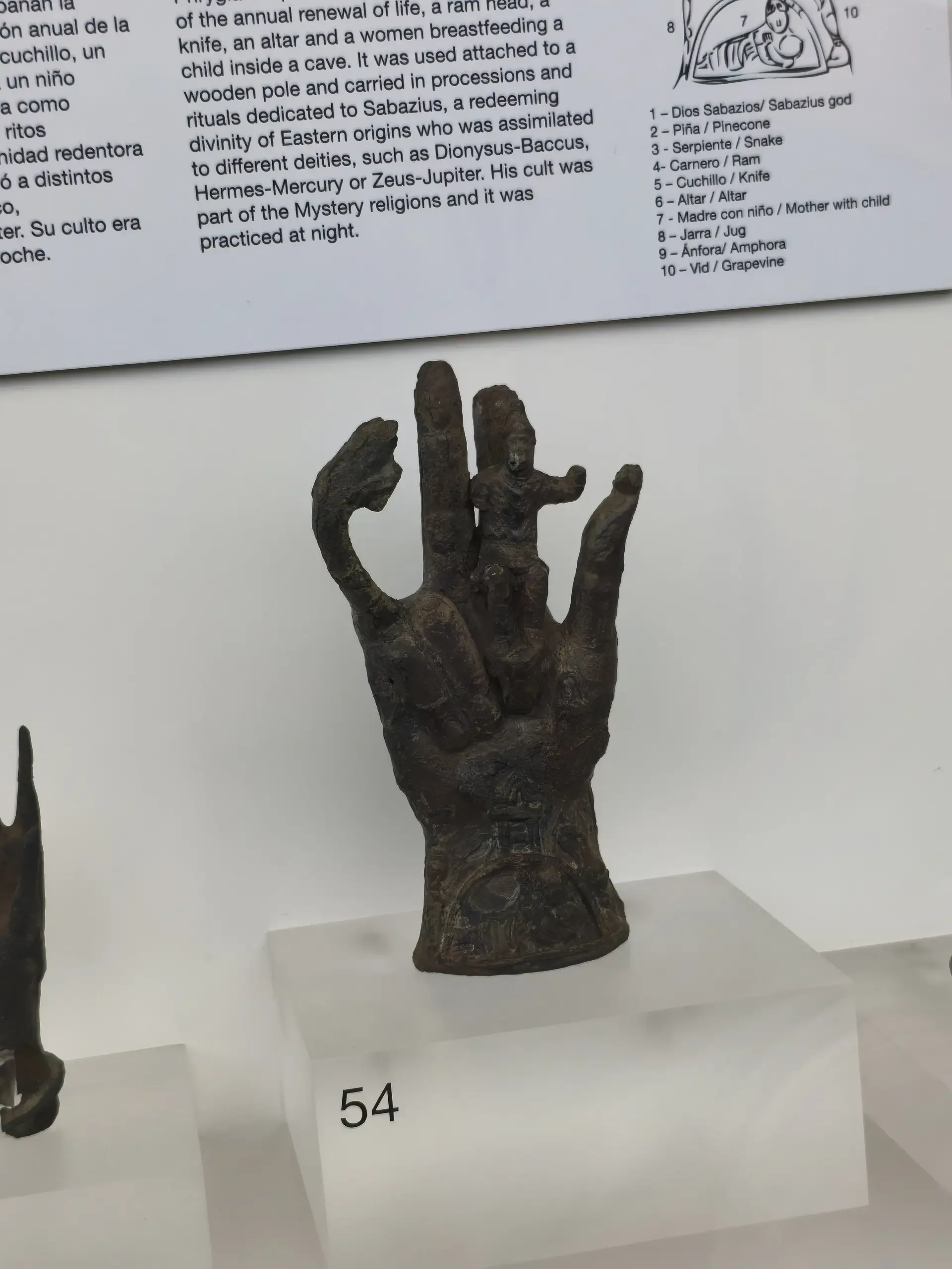 Small bronze object displayed in a museum case