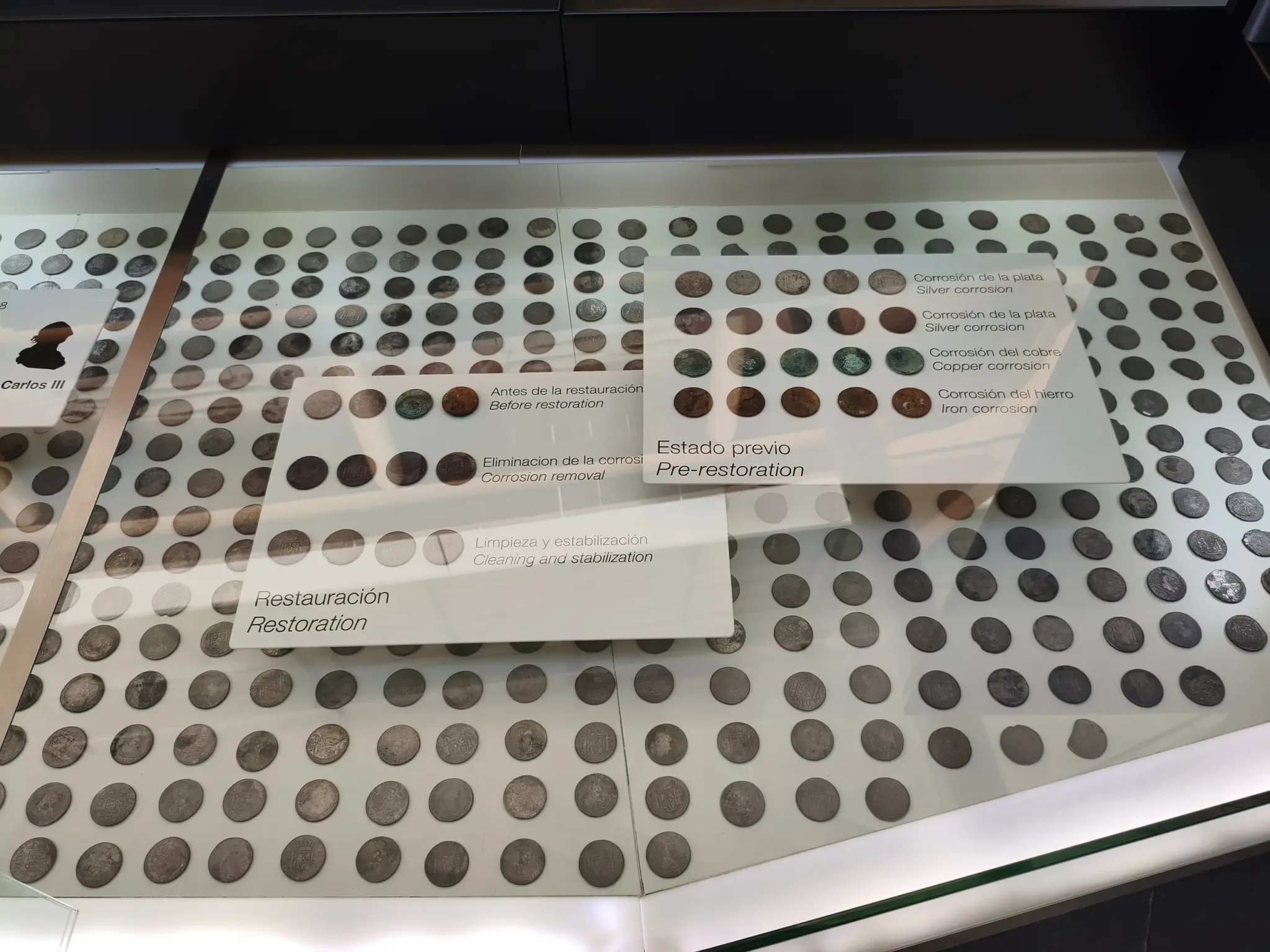Rows of recovered coins in a museum display case
