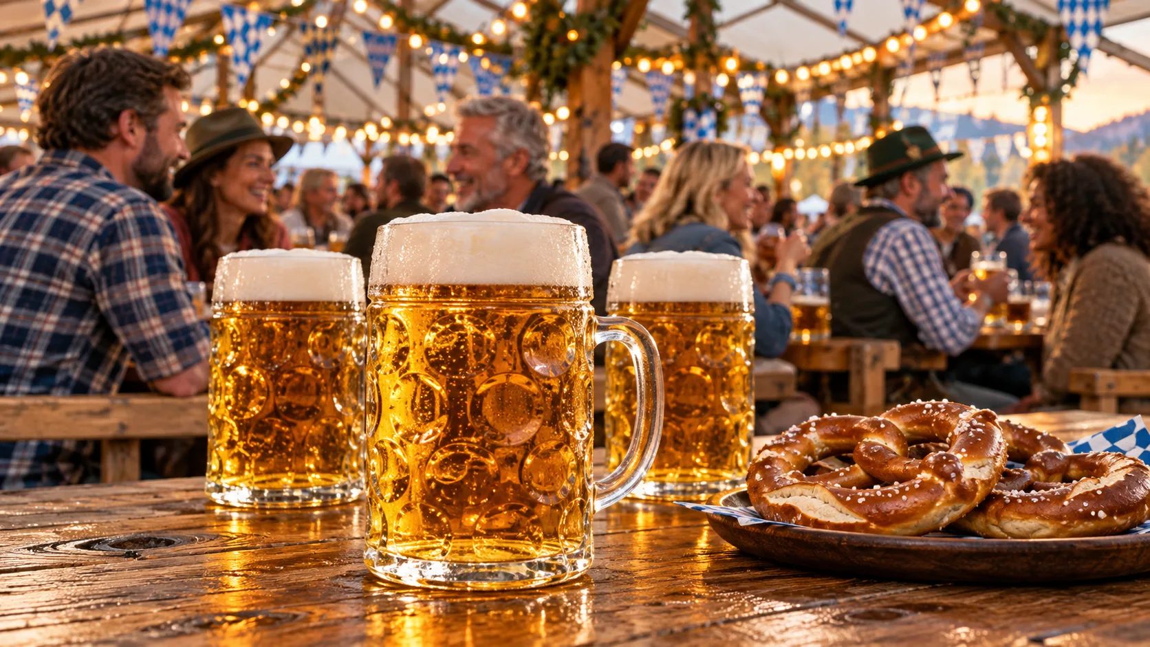 Escena ilustrada de Oktoberfest con jarras de cerveza y pretzels en una carpa decorada