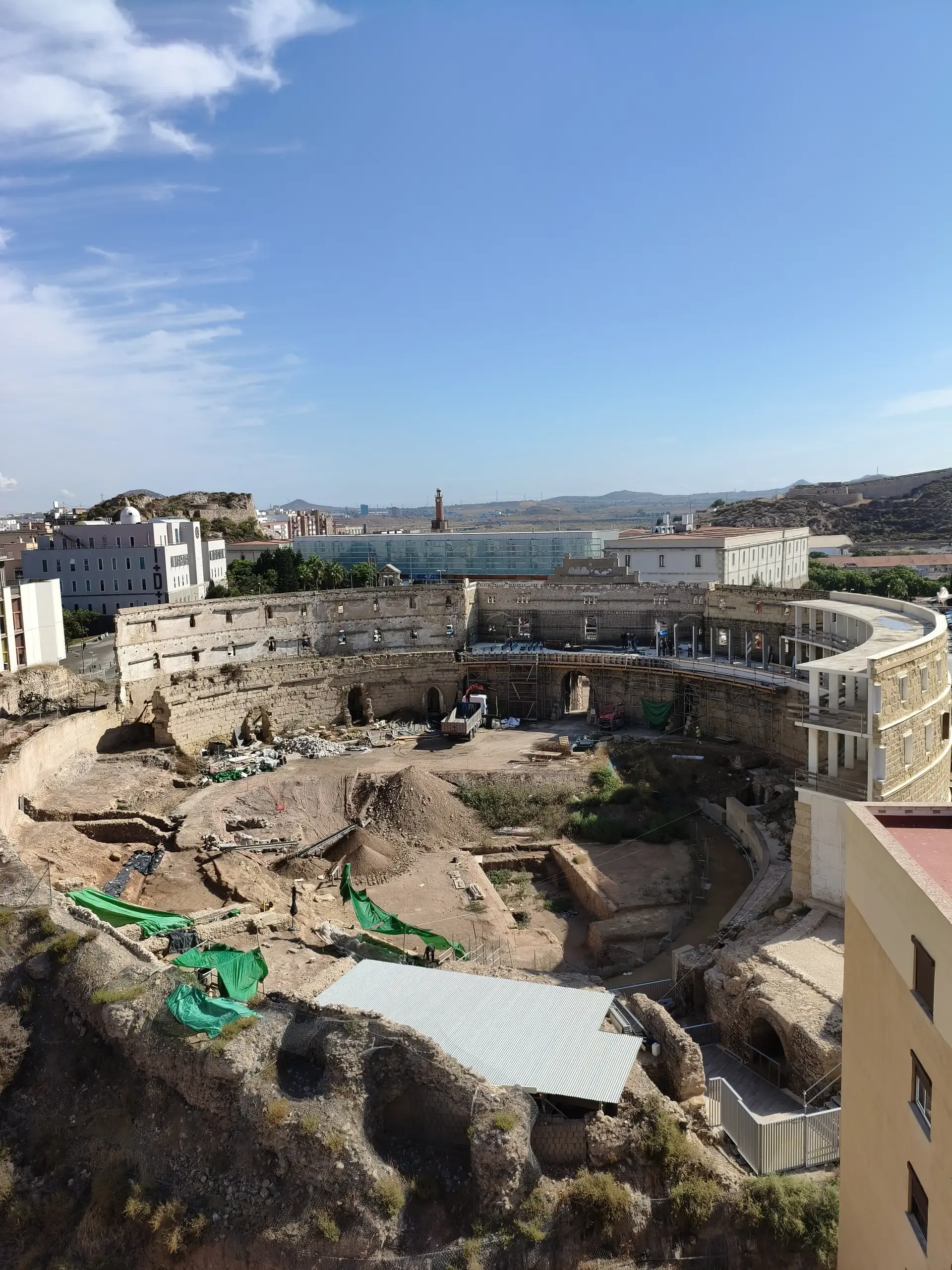 Roman amphitheatre excavation seen from the panoramic lift walkway