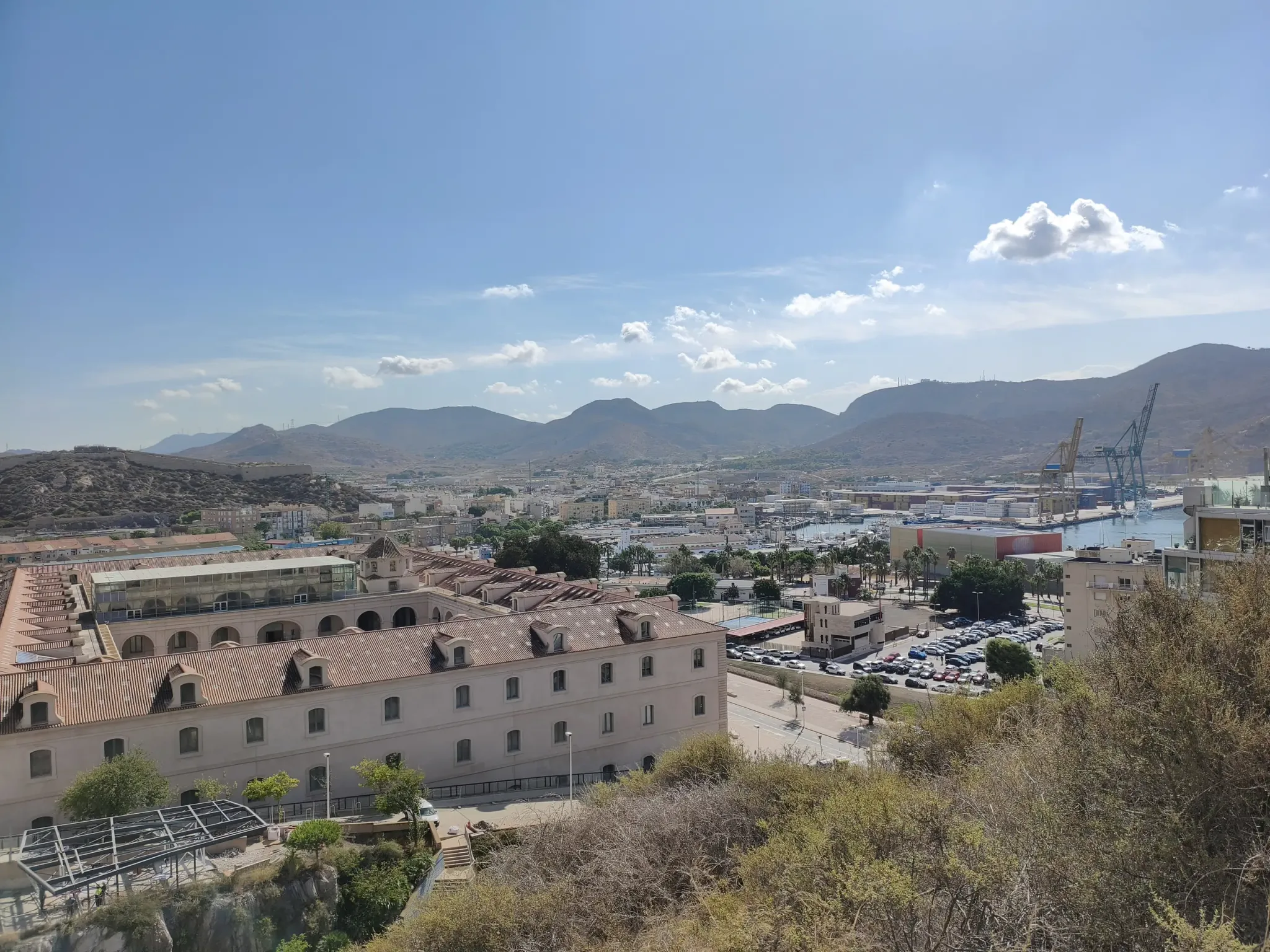 Cartagena Bay and city buildings seen from the panoramic lift route
