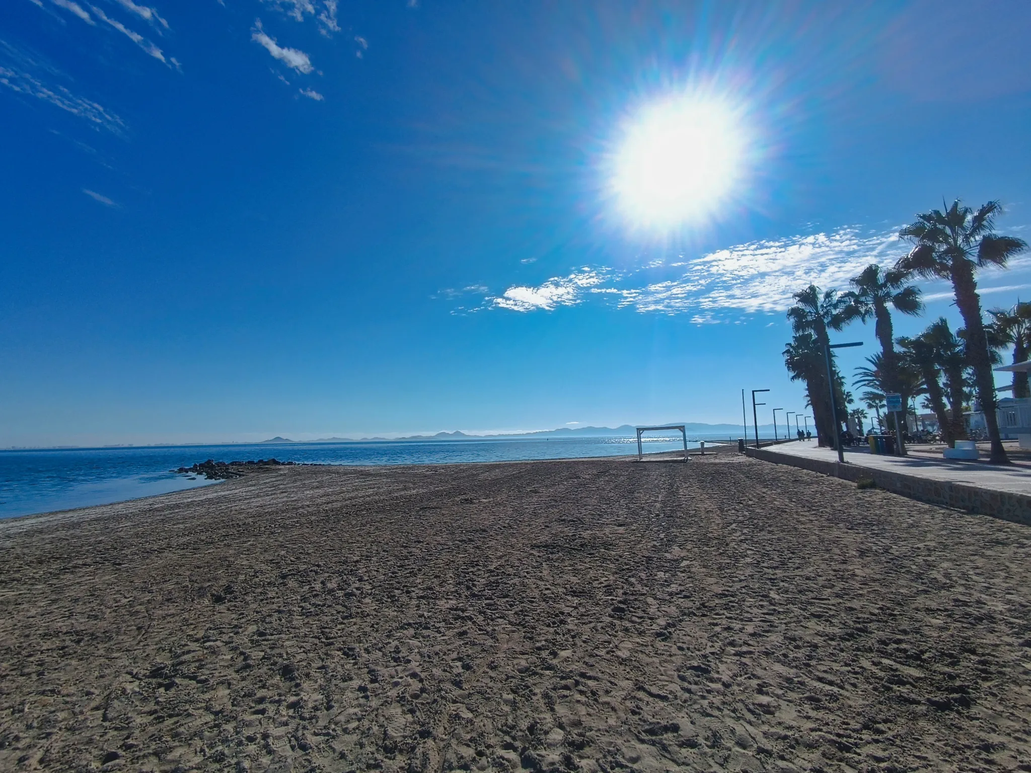 Paseo bordeado de palmeras junto a la arena en Playa de Las Salinas