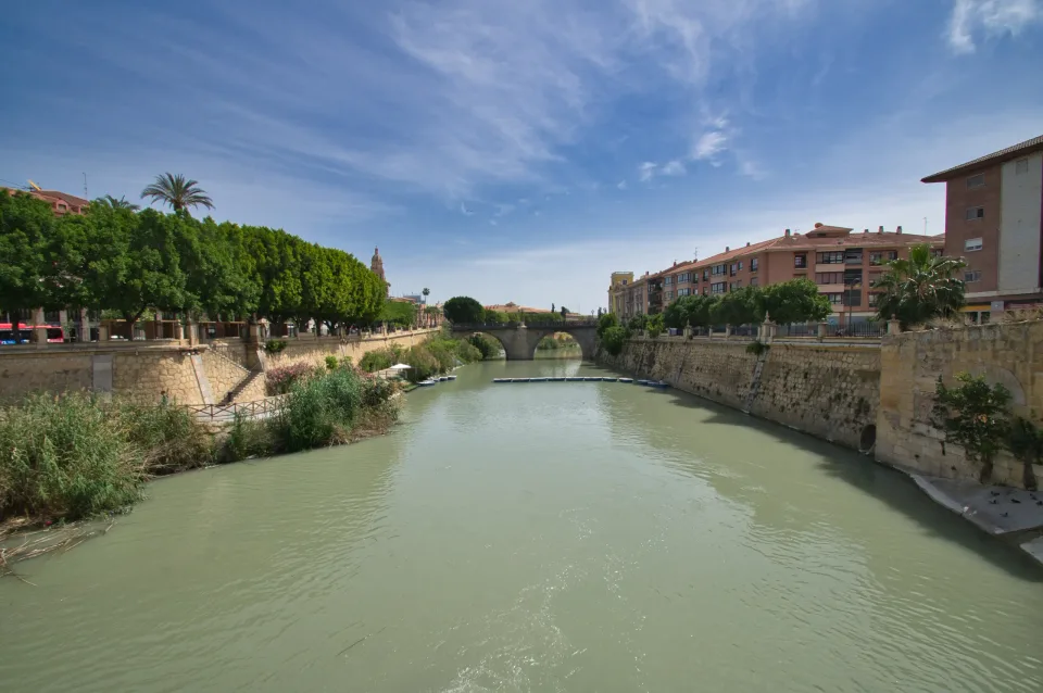 The Segura river in Murcia with stone embankments, trees and a bridge in the distance