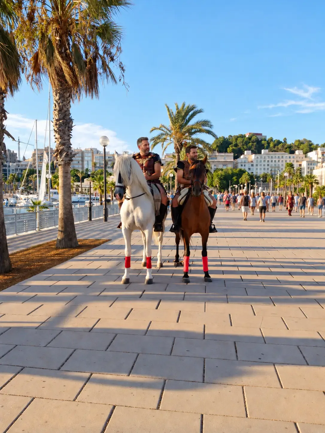 Two riders in Roman costumes on white and brown horses beside Cartagena harbour