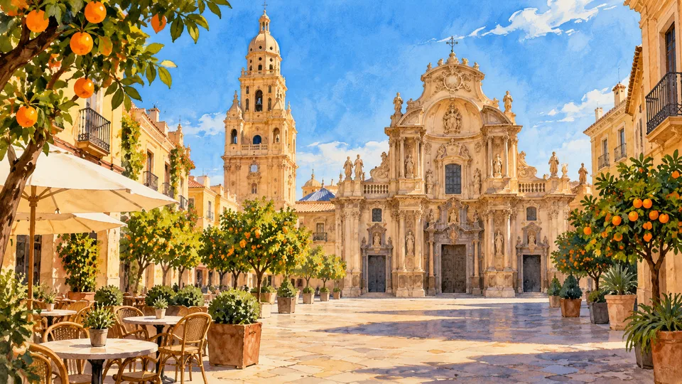 Illustration of a sunny Spanish square with a cathedral tower and orange trees, inspired by Murcia.